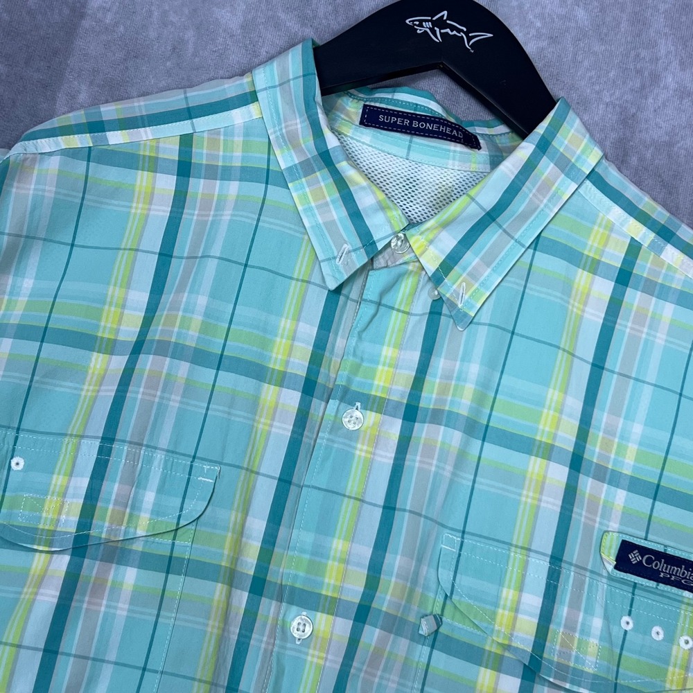 Columbia‎ PFG Super Bonehead Mens XL Teal Green Plaid Long Sleeve Fishing Shirt